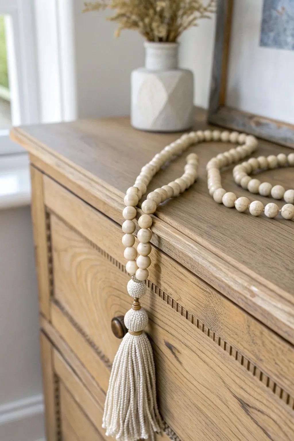 Drape a wood bead garland for effortless farmhouse charm on your chest top.