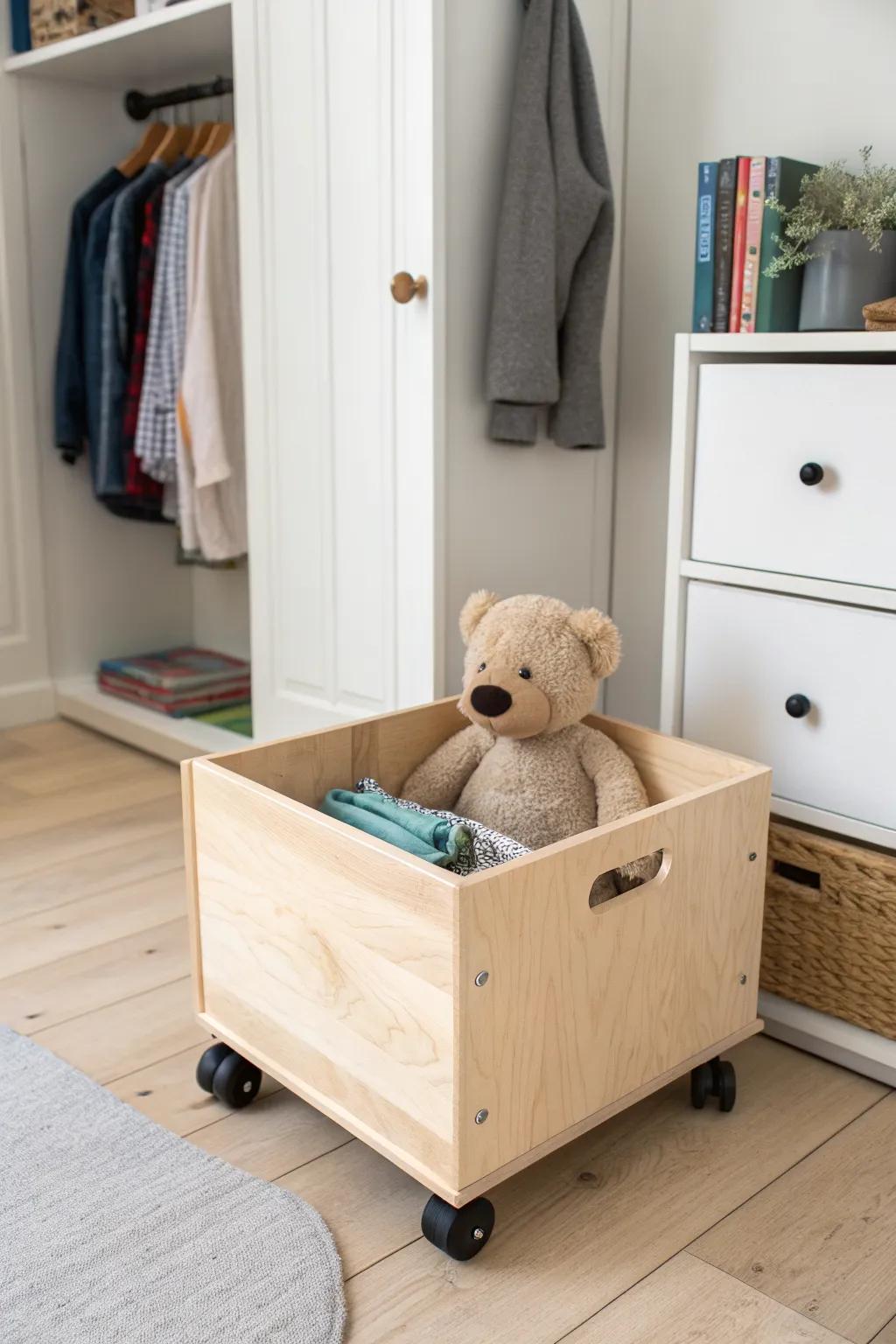 Roll-out toy bins on casters—easy playtime access, satisfying cleanup, seamless wardrobe storage.