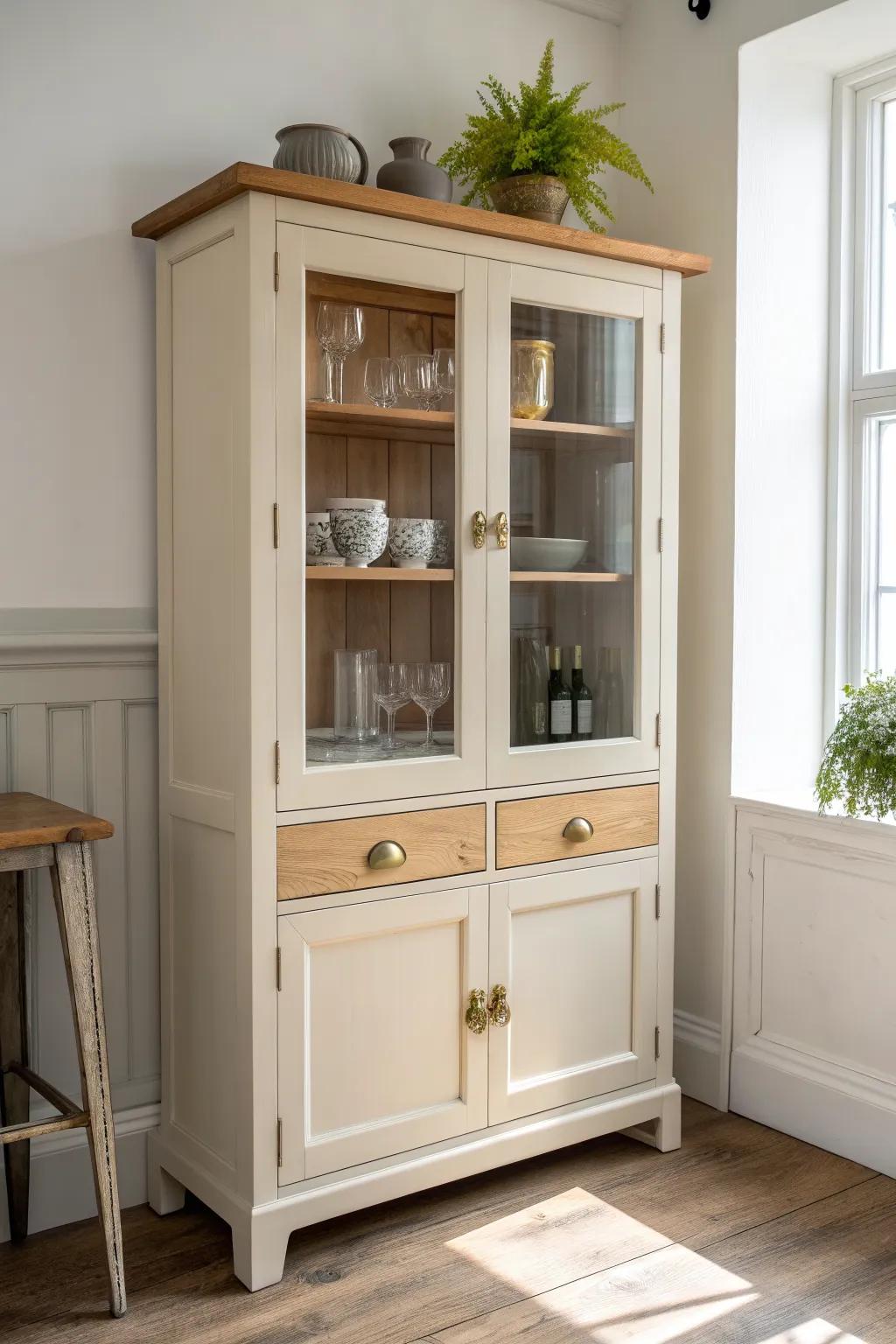 Two-tone china cabinet bar: painted body + stained wood top for modern, collected charm.