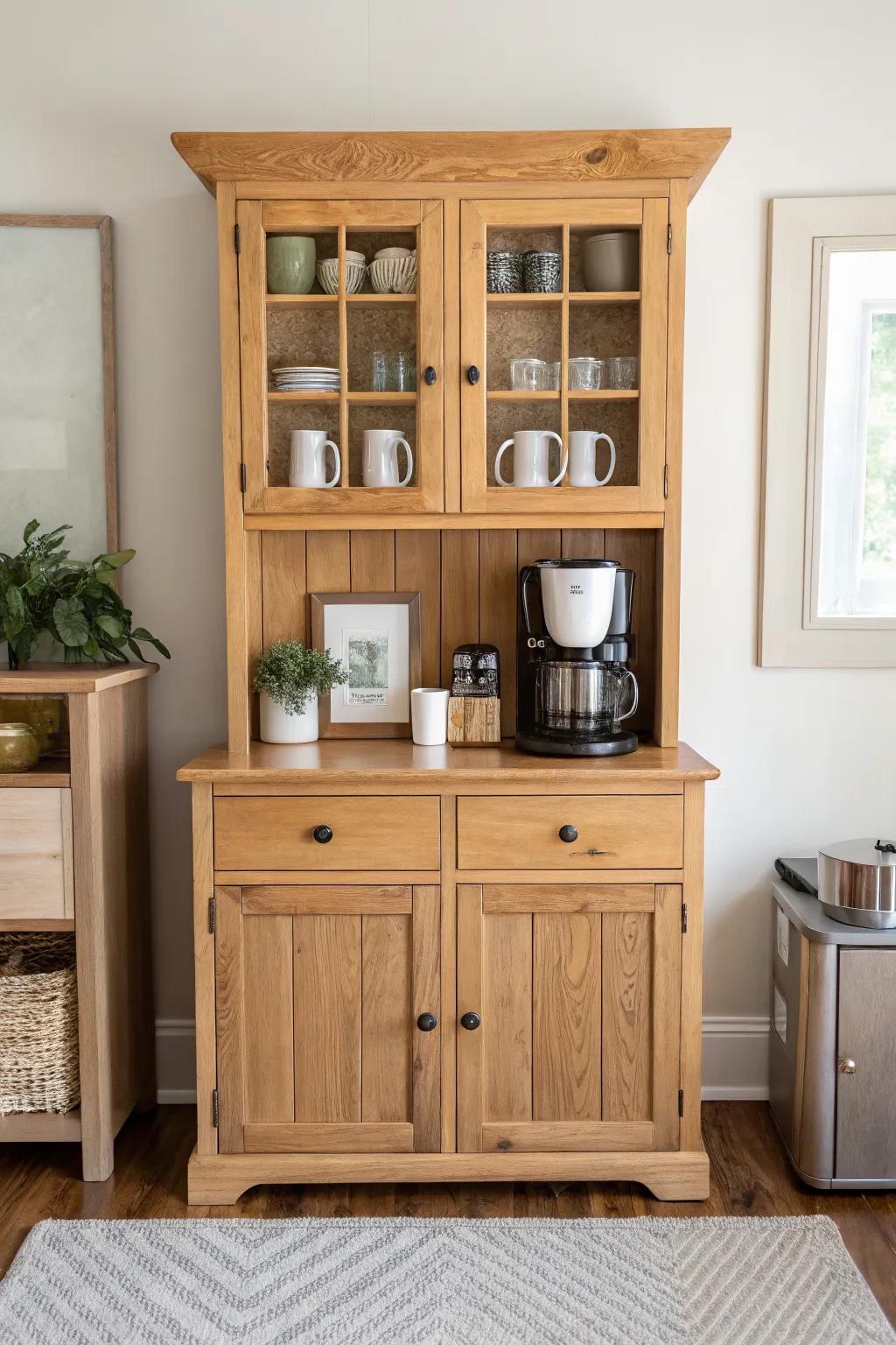 A reclaimed wood china hutch as a coffee & tea station—mugs on display, clutter-free counter.