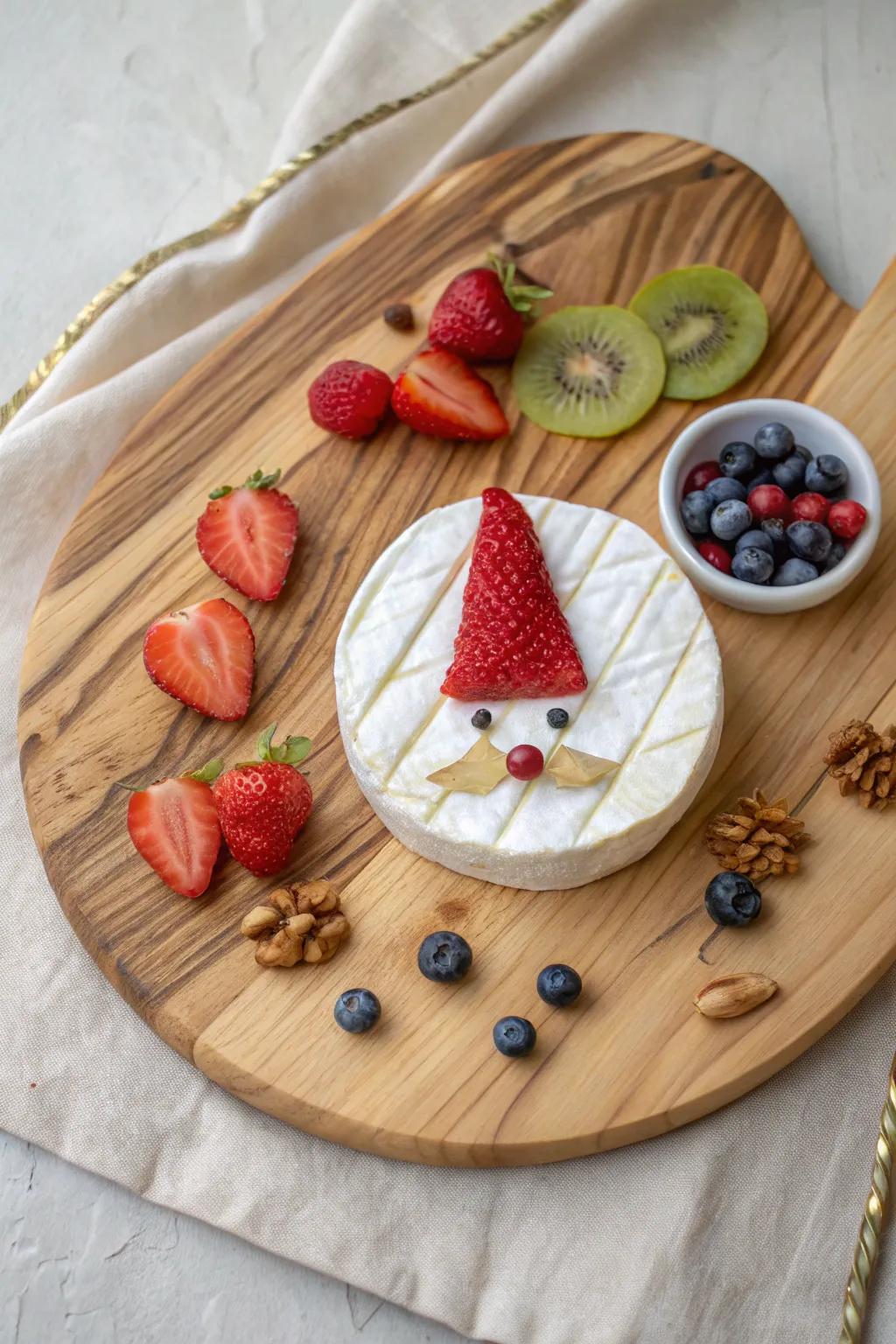 Santa-inspired brie face—simple fruit and nut details on a cozy wooden board for Christmas.