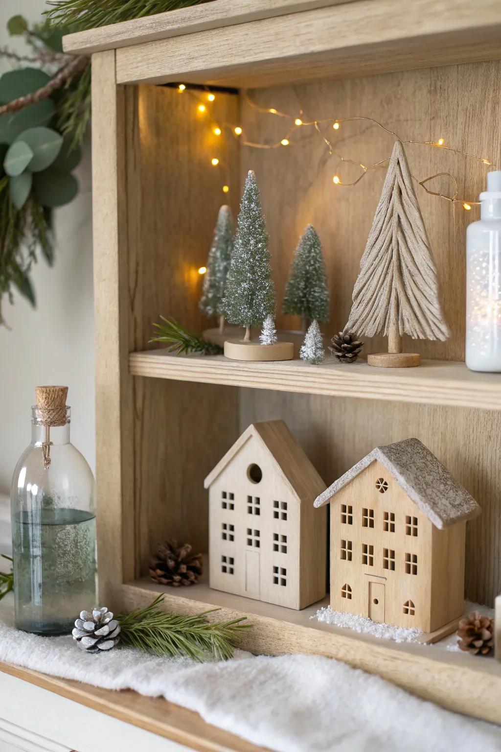 Create a tiny Christmas village shelf: pale wood, mini houses, soft snow, and warm light.