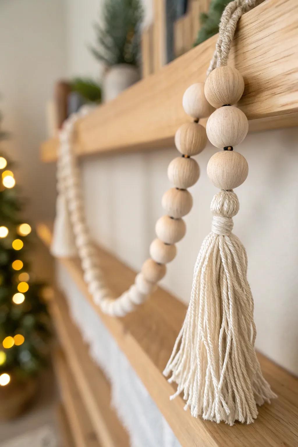 Handcrafted wood bead garland + tassel drape for soft, minimal Christmas shelf styling.