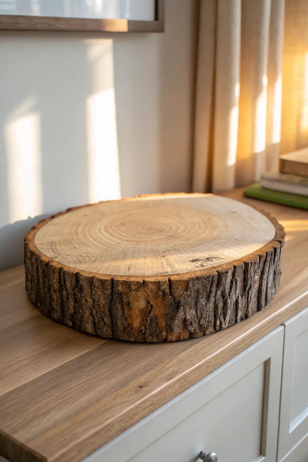 Rustic wood-slice riser adds cozy height to Christmas sideboard decor—simple, handmade charm.