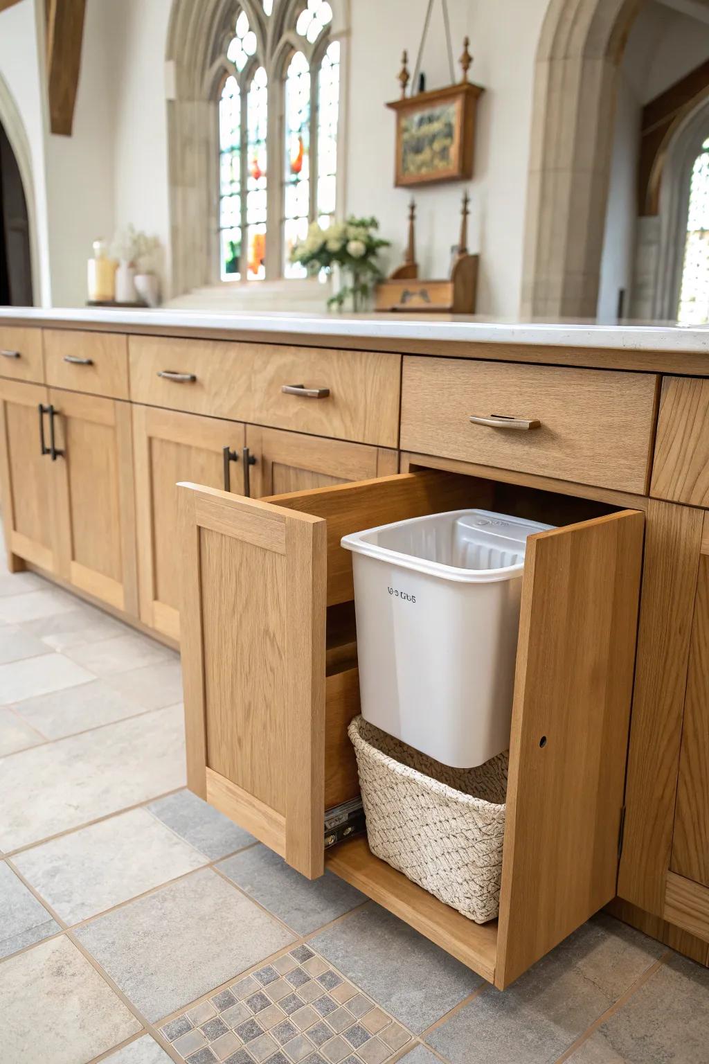 A hidden oak pull-out trash + towel nook keeps the church coffee bar spotless and serene.