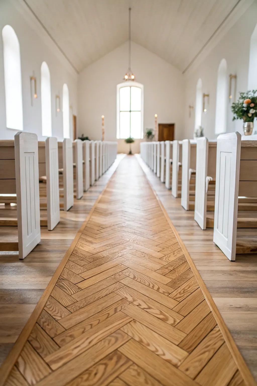 A warm herringbone wood aisle that reads like a handcrafted runner—classic, calm, and stunning.