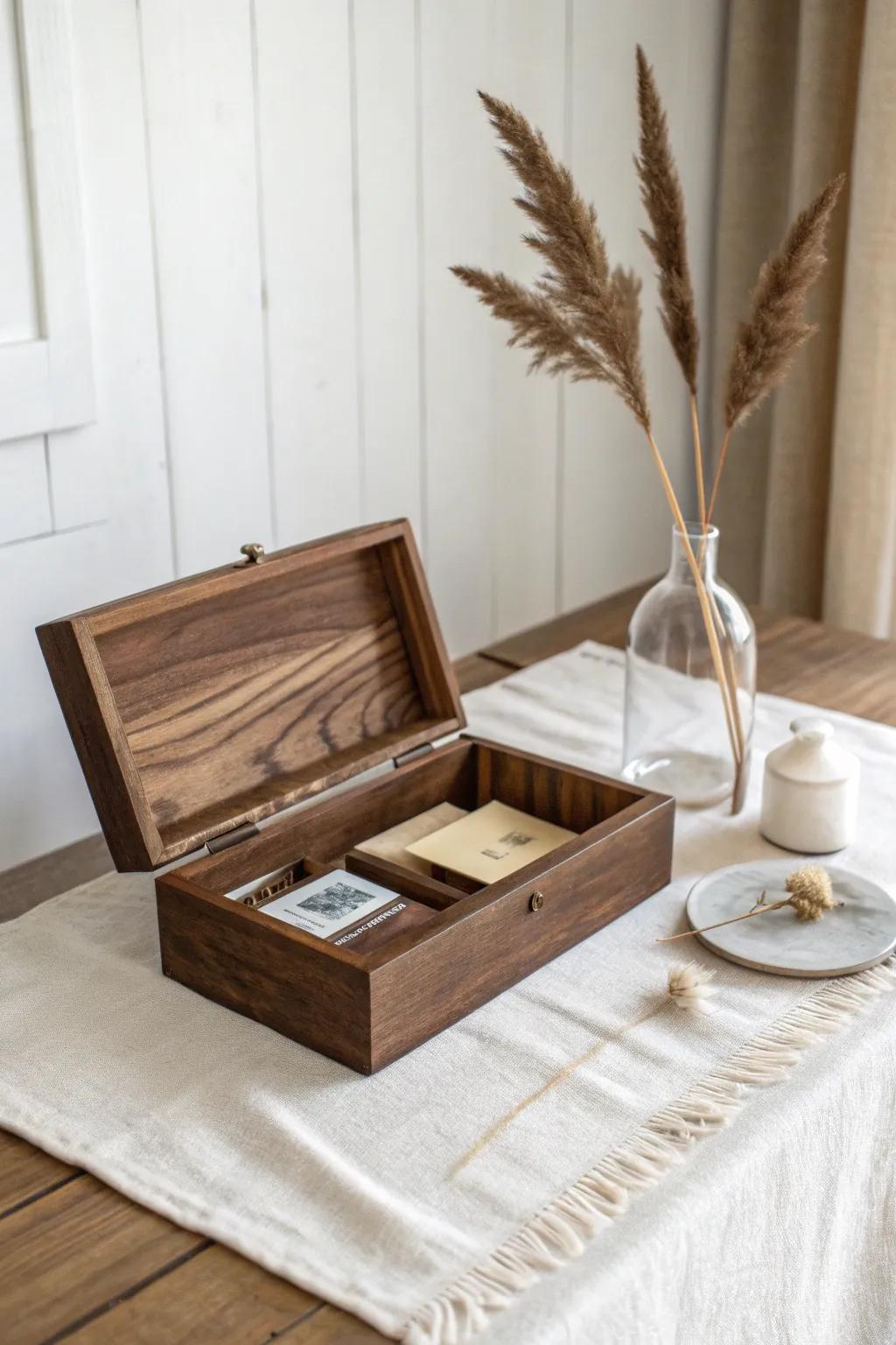 A handcrafted cigar box centerpiece with postcards and a tiny bud vase invites guest notes.