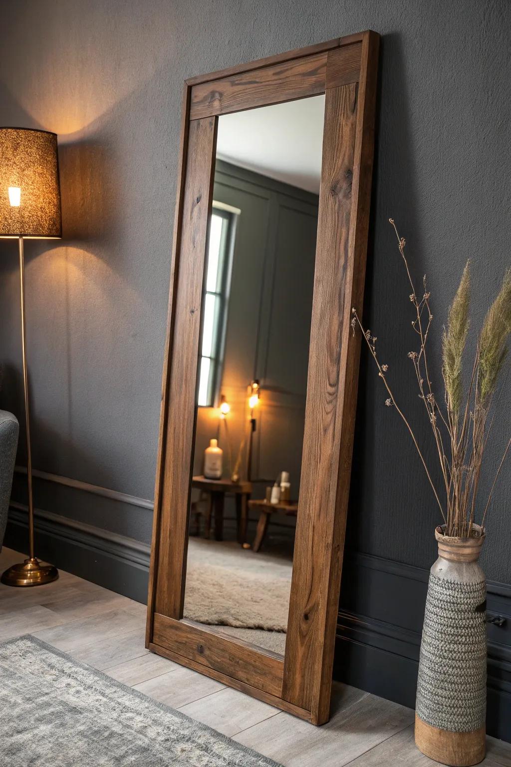 Walnut-framed mirror panel that amplifies warm lounge light and adds depth, moody and refined.