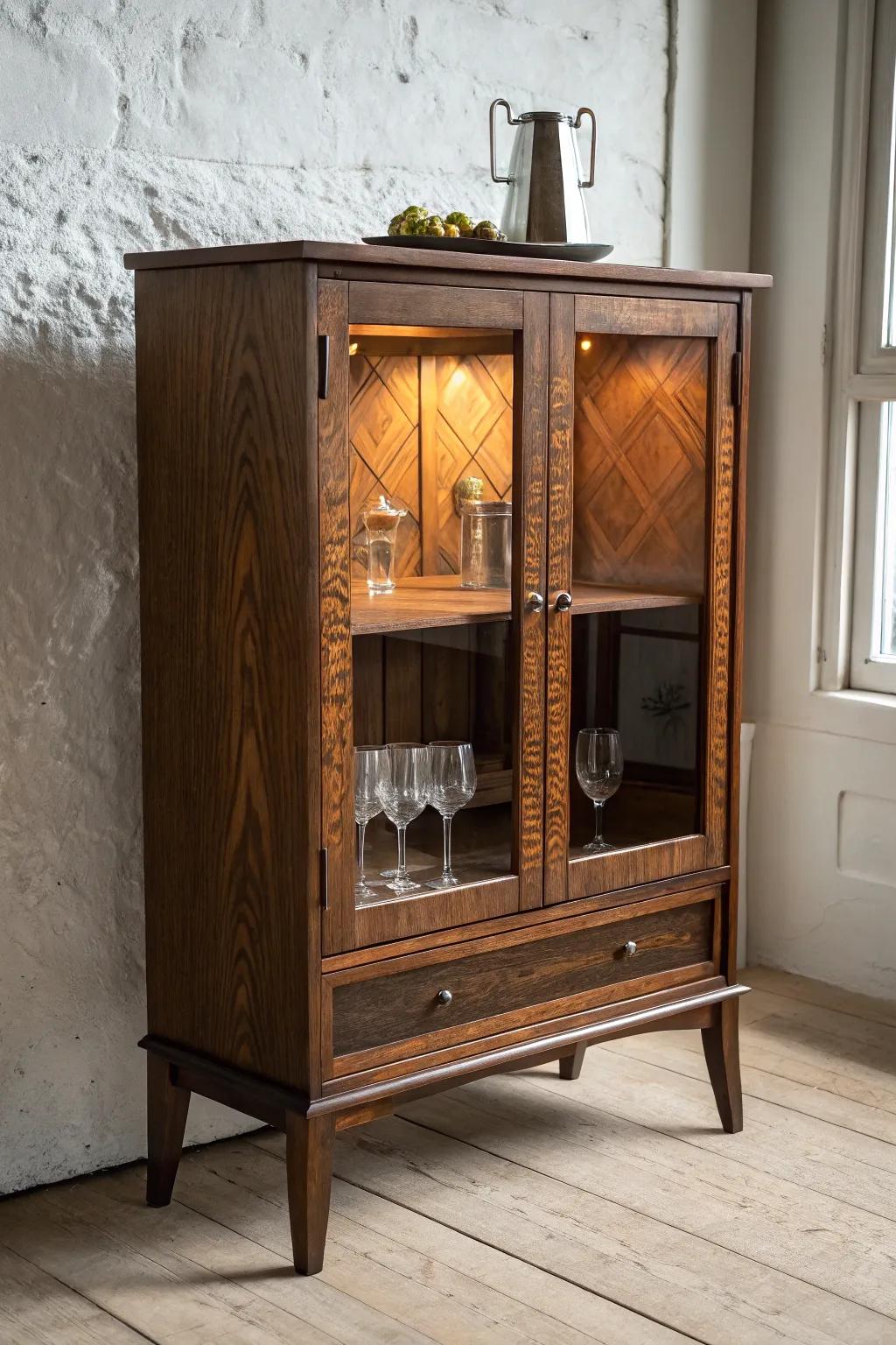 A dark-stained mullion bar cabinet with mirrored back brings classic lounge style to any room.