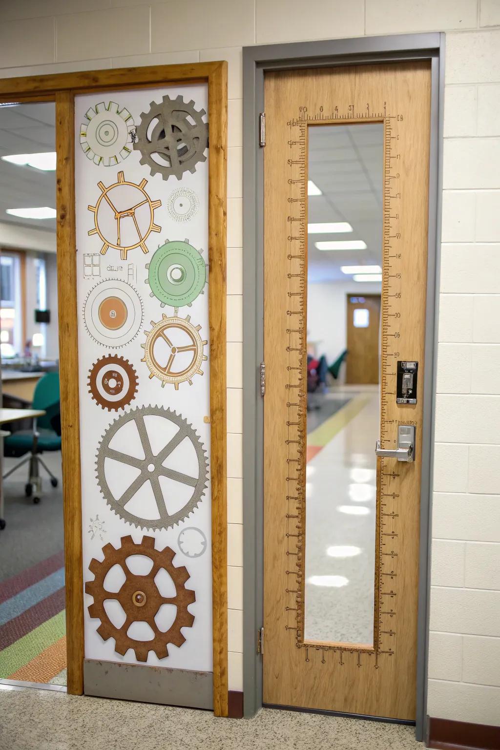 Math Gear-and-Ruler Door: paper gears + real wood yardsticks for maker-inspired classroom charm.
