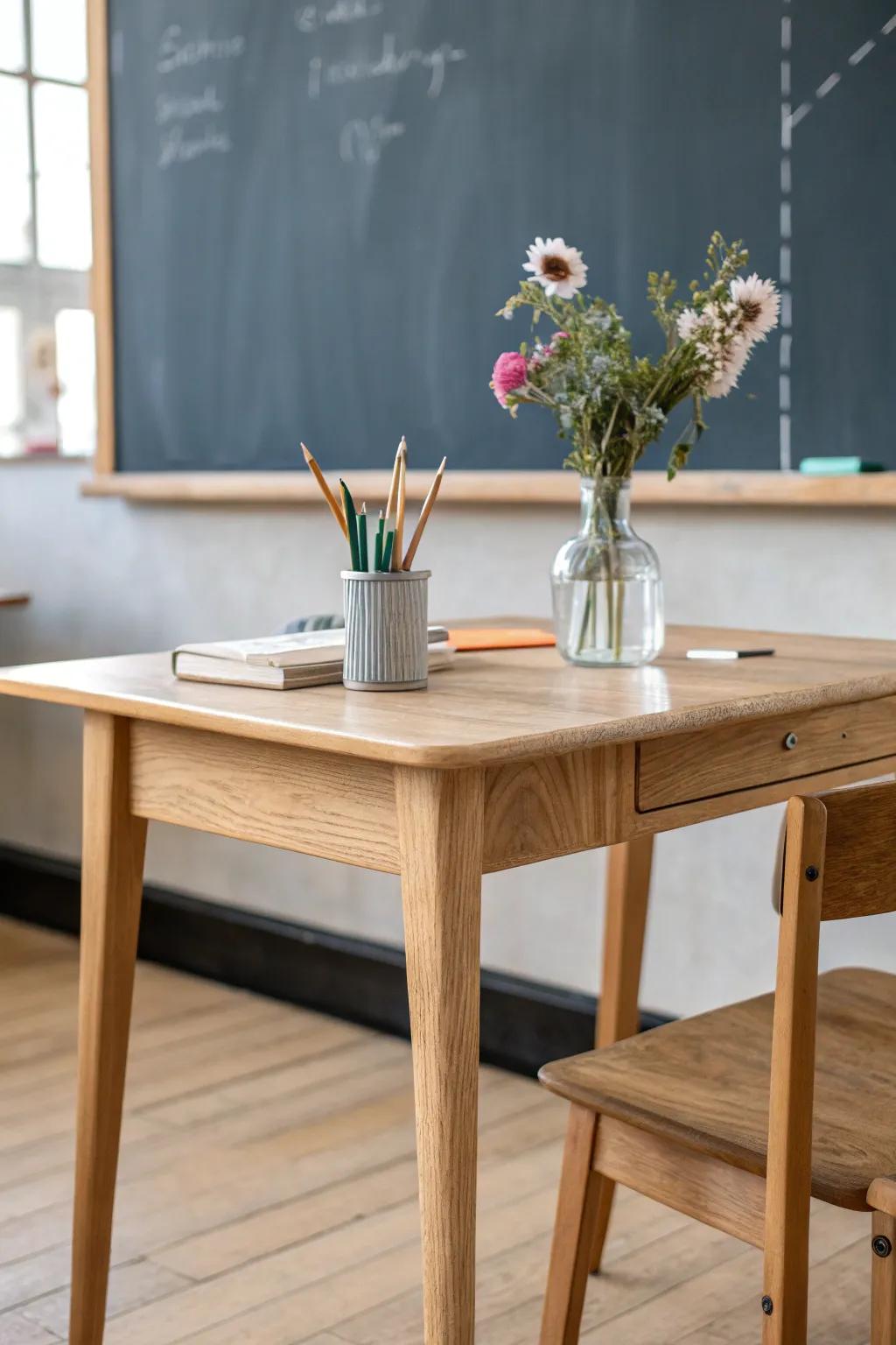 Compact teacher-led table near the board—warm oak craftsmanship for guided small-group focus.