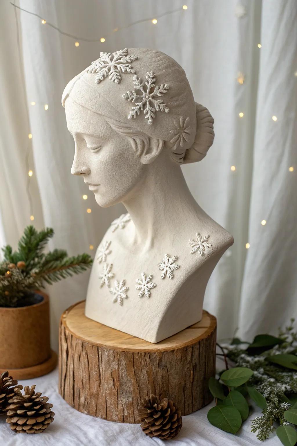Embrace the quiet elegance of winter with a handcrafted clay bust adorned with snowflakes. Perfectly minimalist with a touch of boho charm.