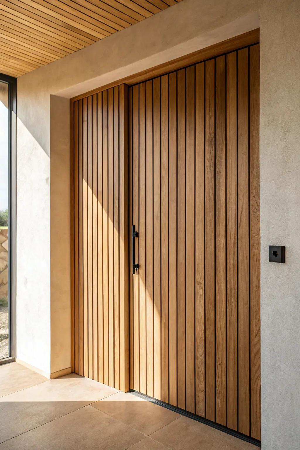 Vertical oak slat closet door: clean lines, warm grain, and designer shadow depth.