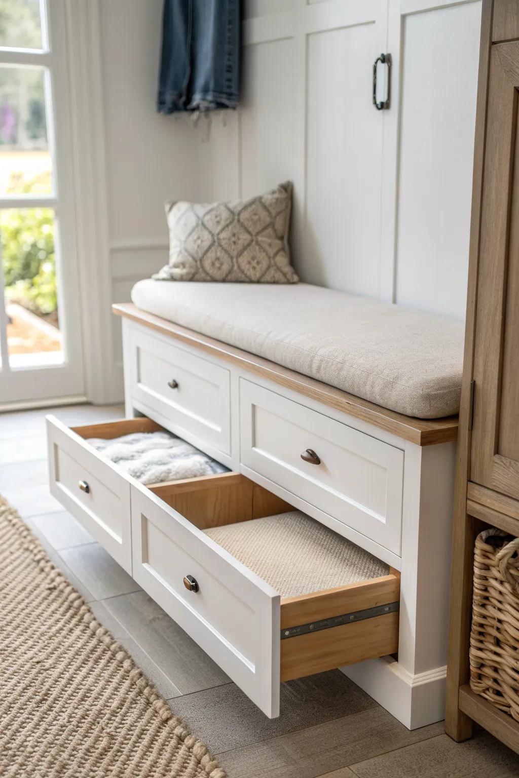Sleek pull-out closet bench on hidden slides—instant seating that tucks away beautifully.