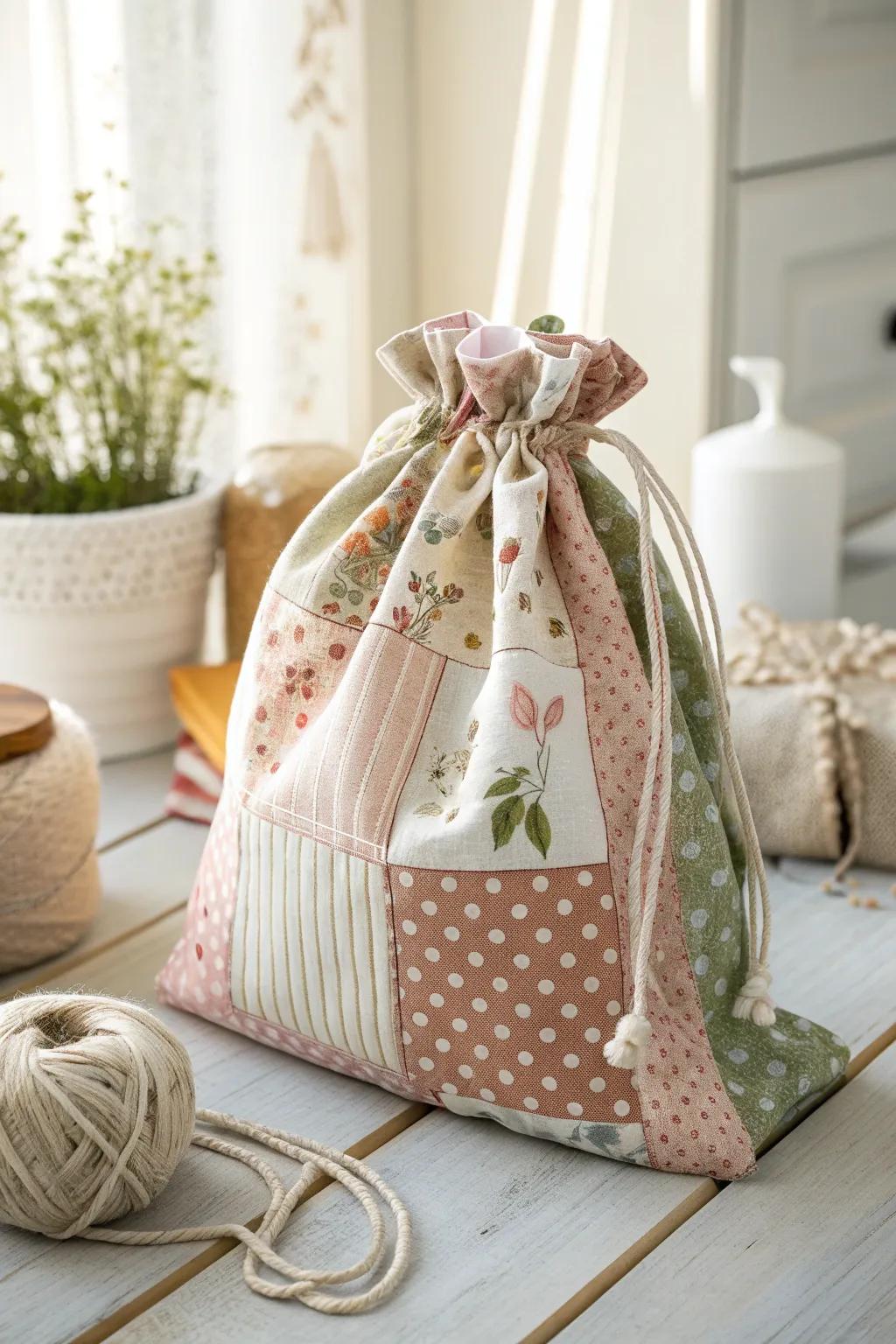 Embrace the charm of patchwork: Transform fabric scraps into a unique and stylish gift bag.