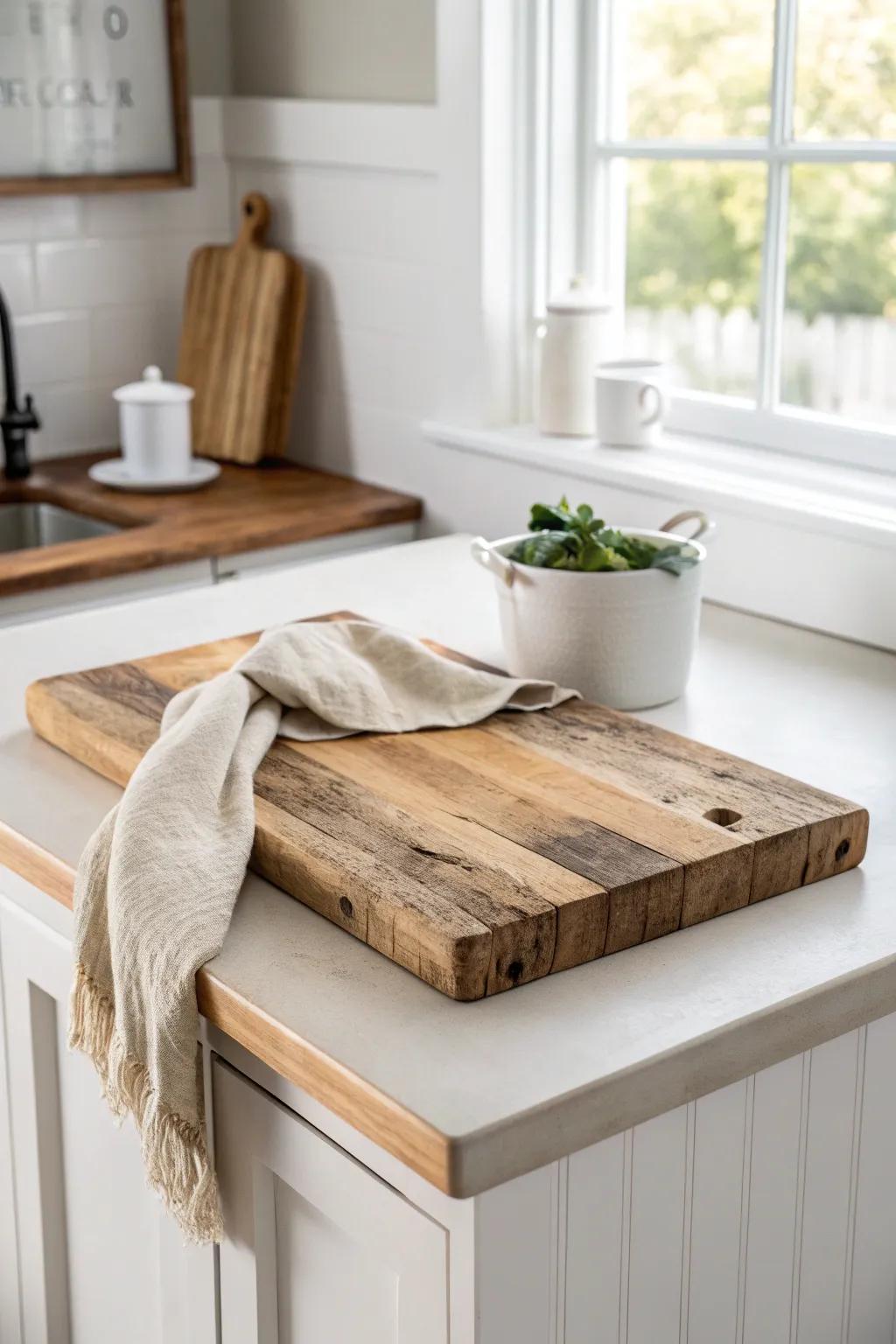 Driftwood-warm butcher block accents for a cozy coastal kitchen moment you’ll use daily.