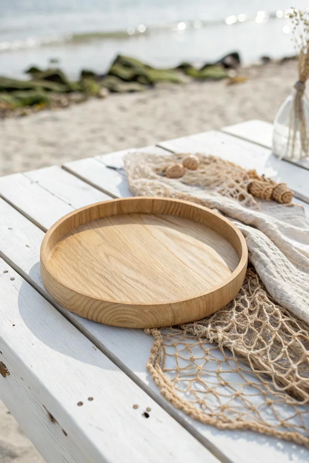 Coastal texture made simple: a fishing net layer peeking from under a warm oak tray.