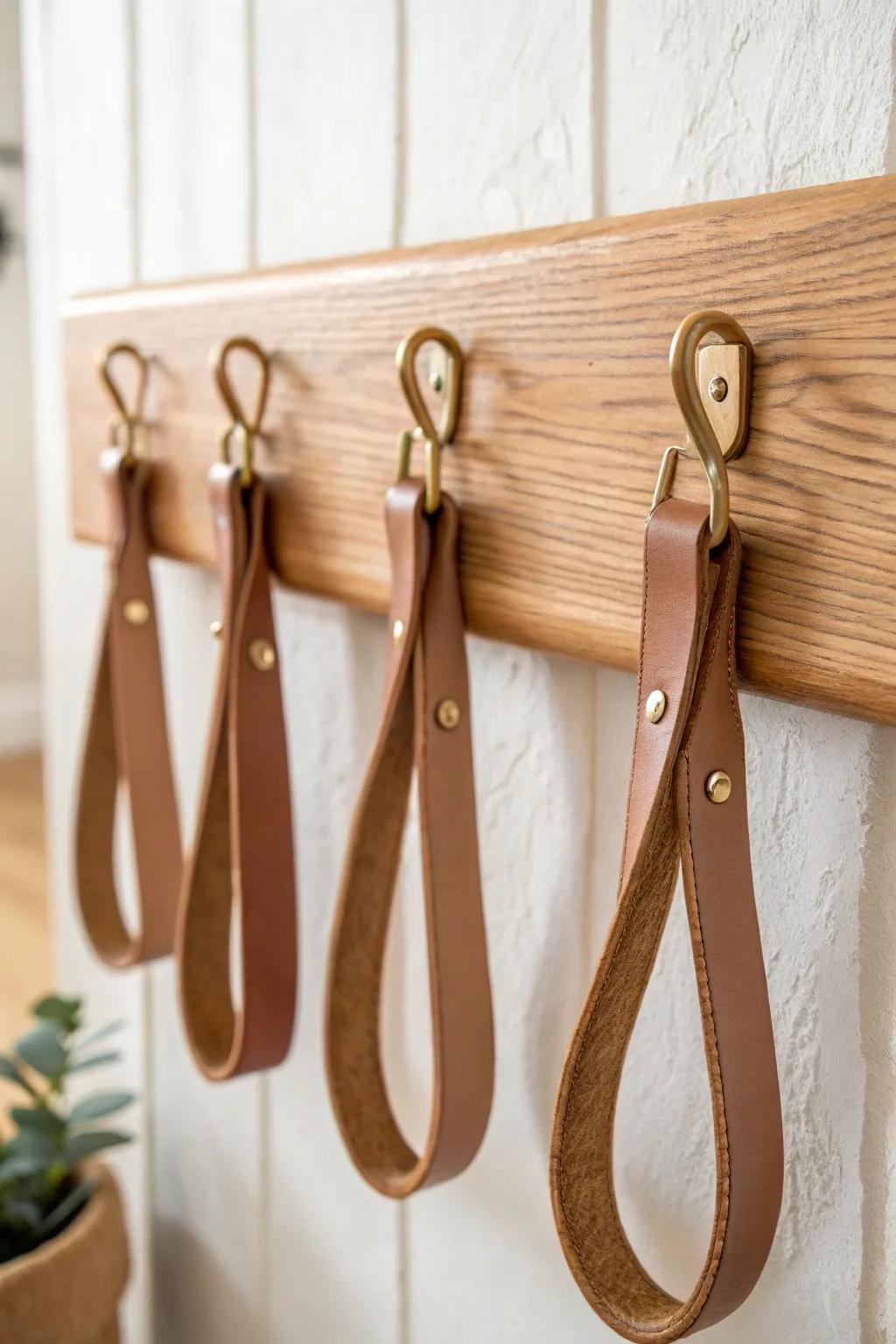 Oak rail with leather loop hooks—soft on scarves, strong, and beautifully minimal.