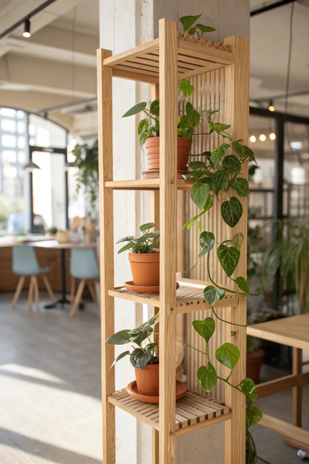 Light oak divider shelf wall with greenery—crafty, airy zoning that keeps the café bright.