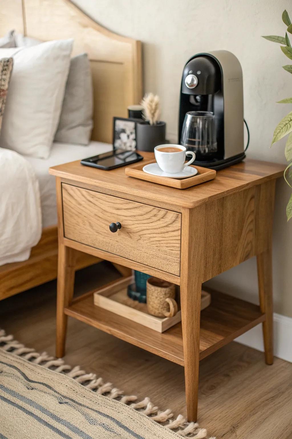 Thrifted nightstand turned mini coffee station—tiny-space friendly, calm, and beautifully organized.