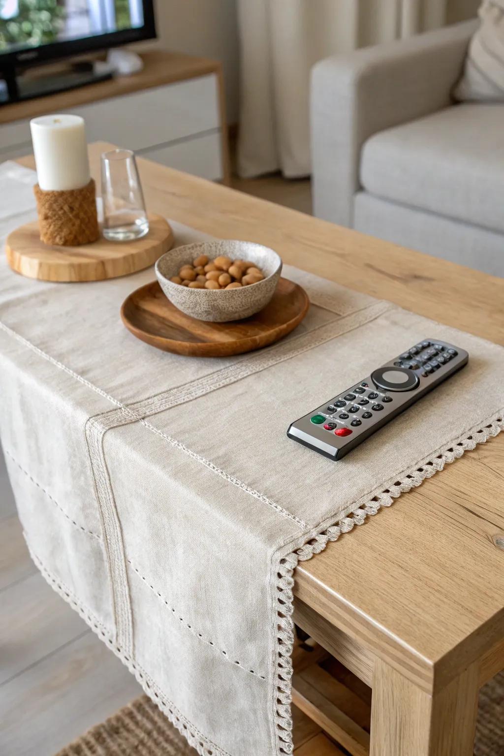 Pocketed runner keeps remotes and coasters tucked away—minimal, cozy, and beautifully crafted.