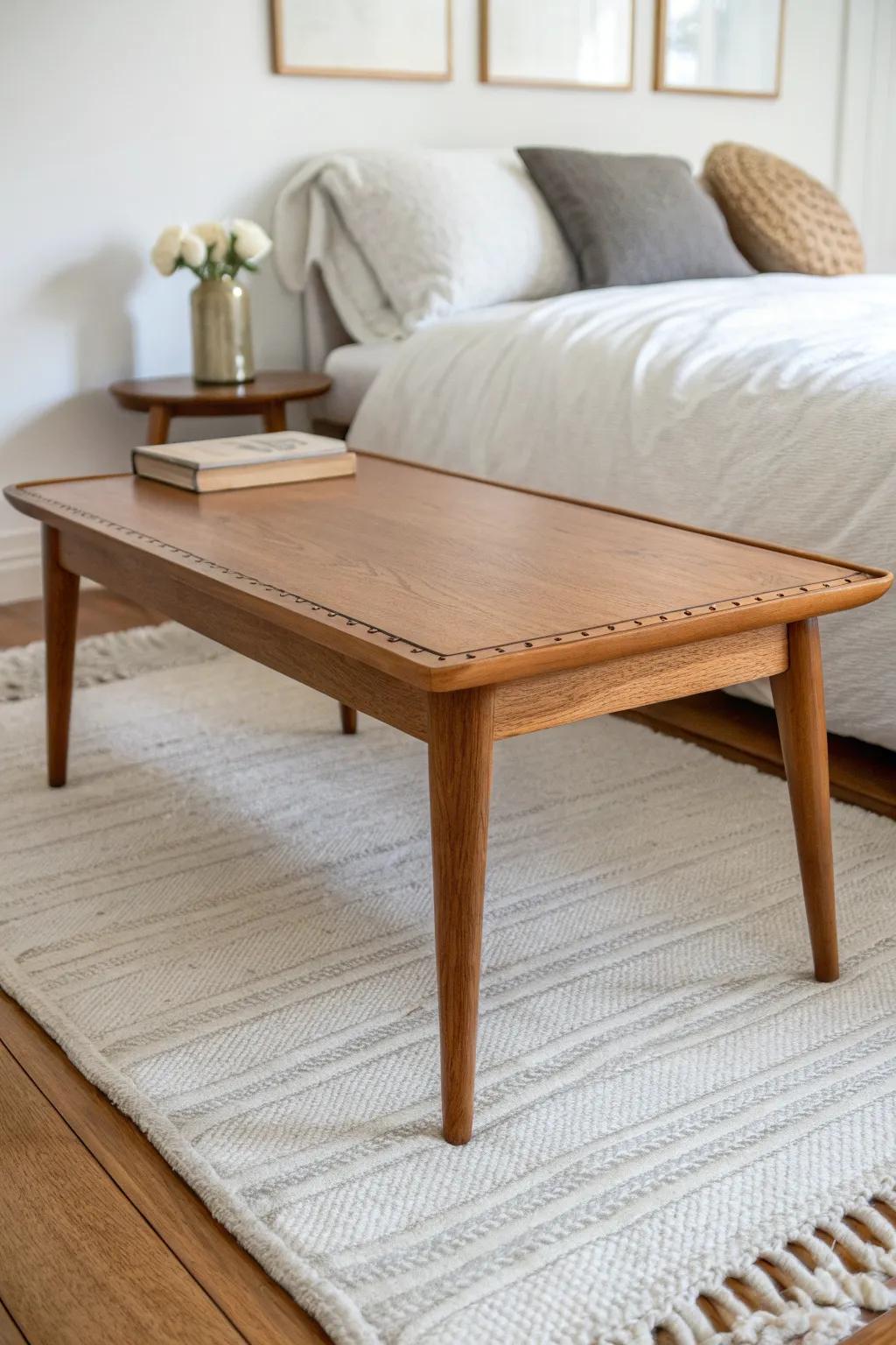 Mid-century tapered legs and a clean top keep a bedroom coffee table sleek and polished.