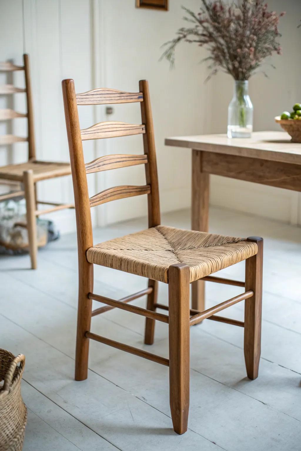 Timeless ladder-back chair with a handwoven rush seat—colonial warmth in a minimalist room.
