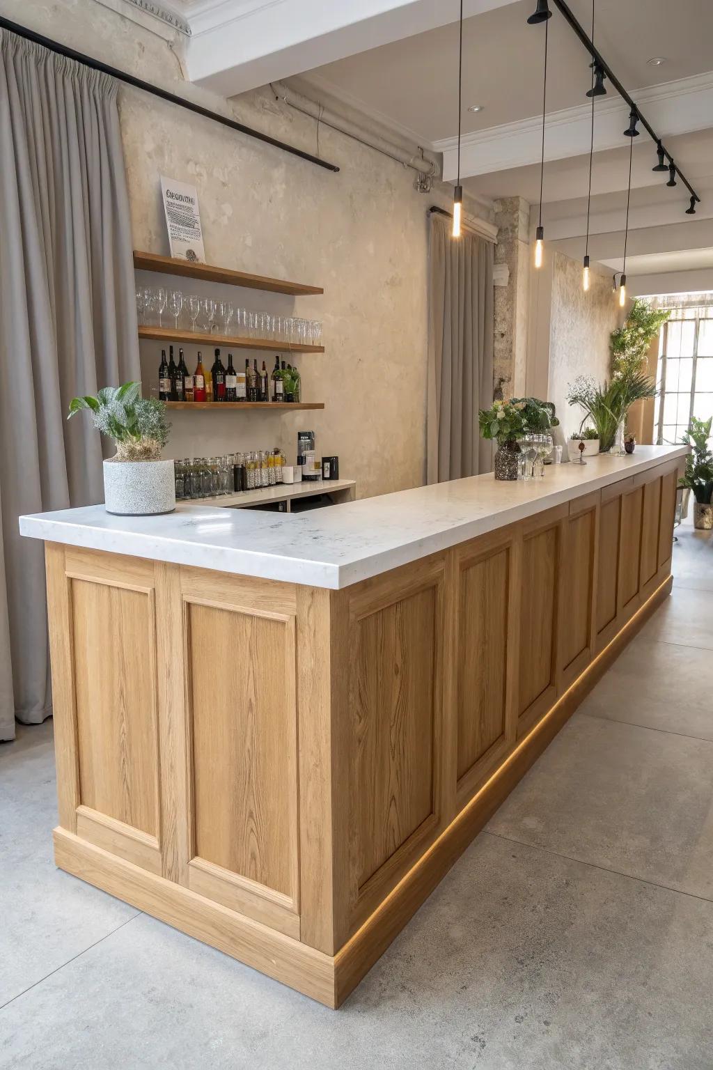 Large-format stone-look slab on warm oak—luxe, wipe-clean bar top for busy service.