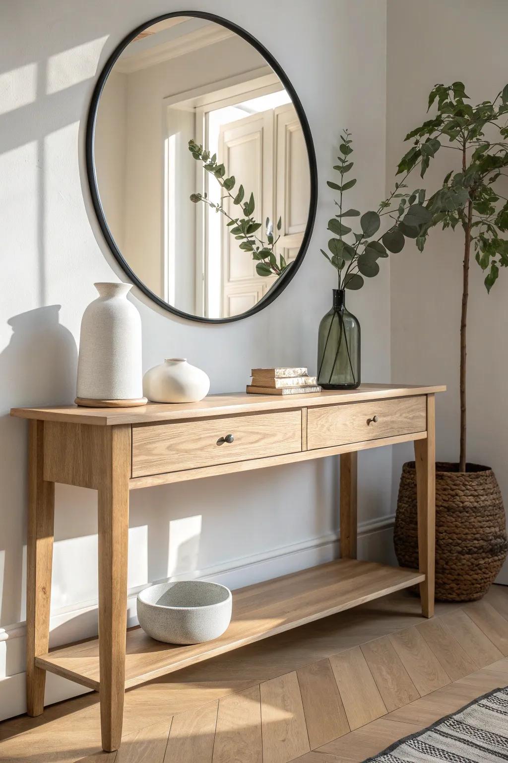Dark-framed mirror, light oak console, and creamy ceramics for effortless contrast and depth.