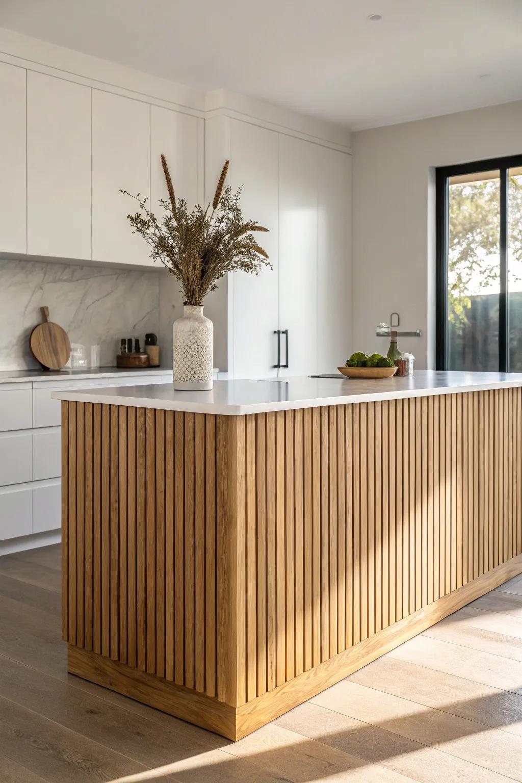Vertical slat wood island adds bold texture against sleek flat-panel cabinetry.
