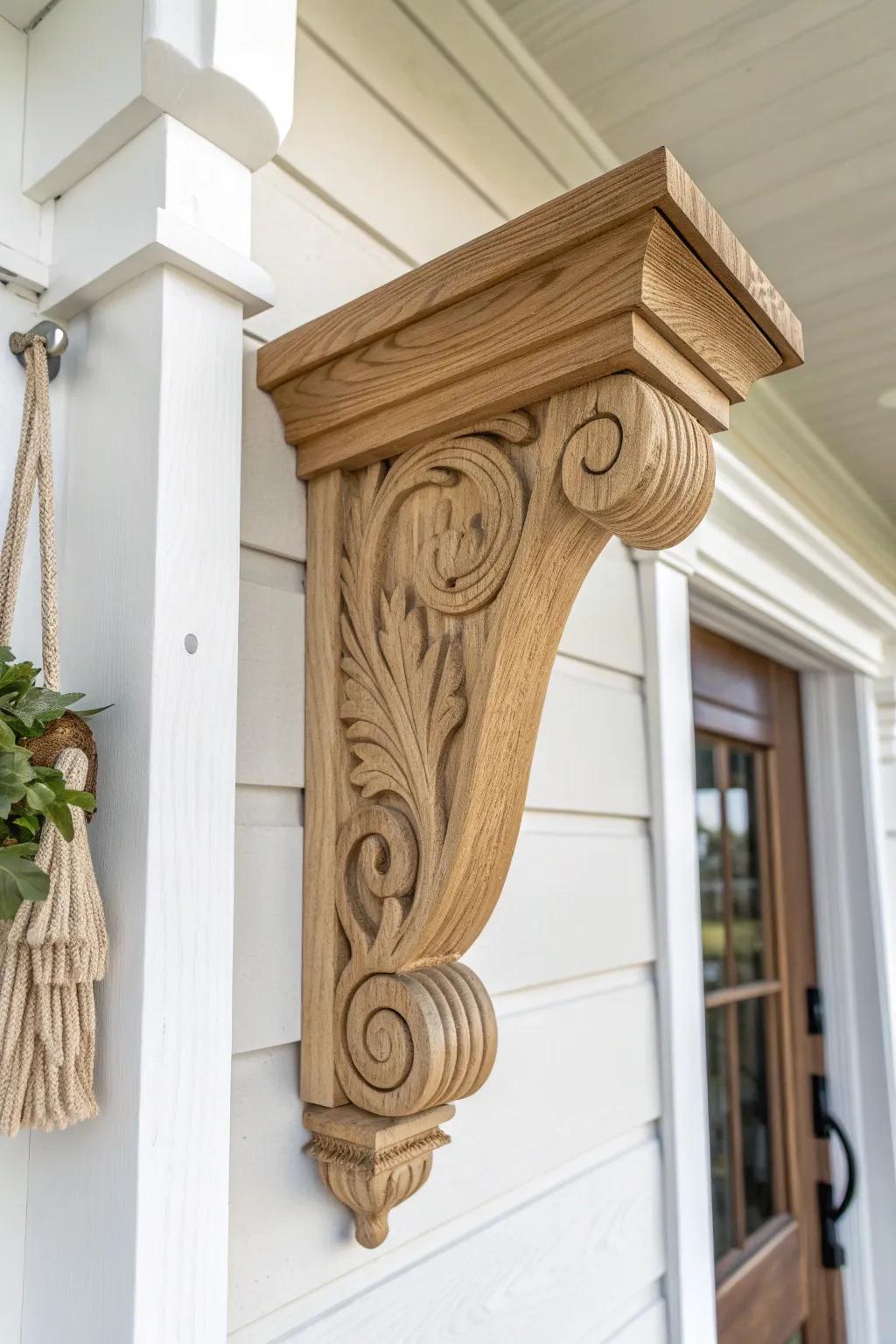 A carved scroll corbel adds vintage farmhouse drama—warm wood against a crisp white entry.