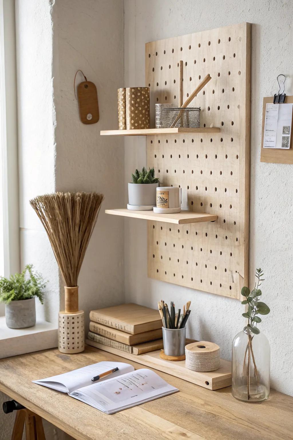 Pegboard corner + skinny ledge shelves: a flexible, minimalist catch‑all for desk essentials.