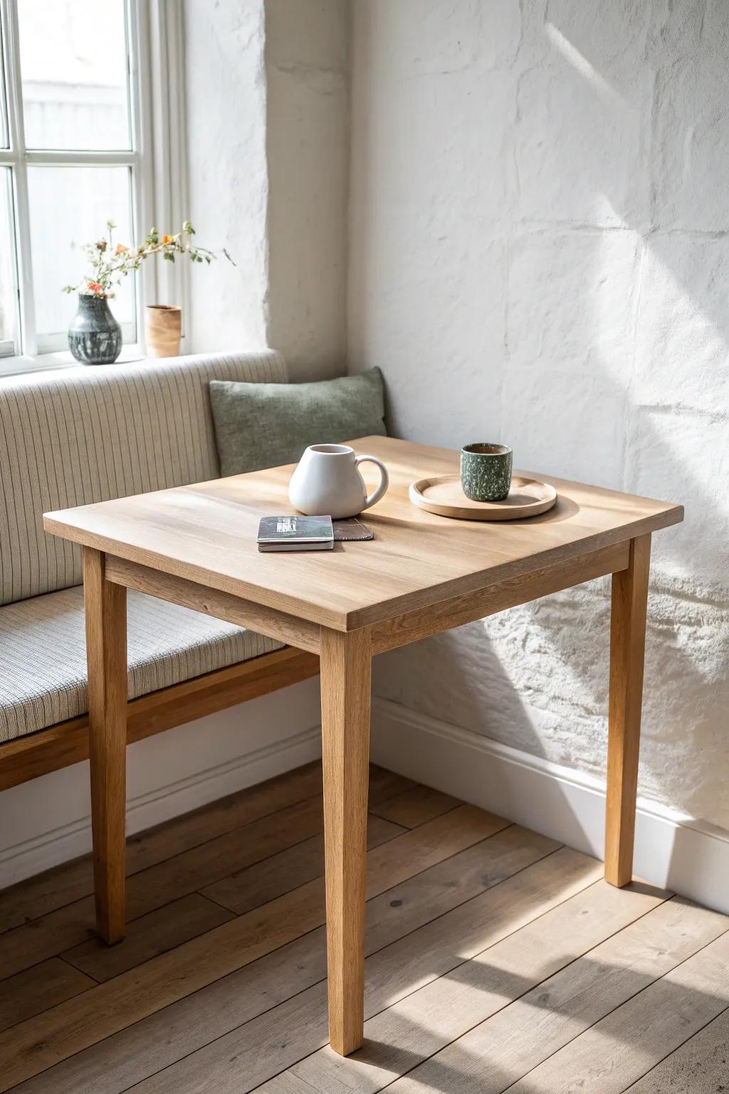 A slim console transformed into a perfectly scaled corner dining nook table—light oak, clean, cozy.