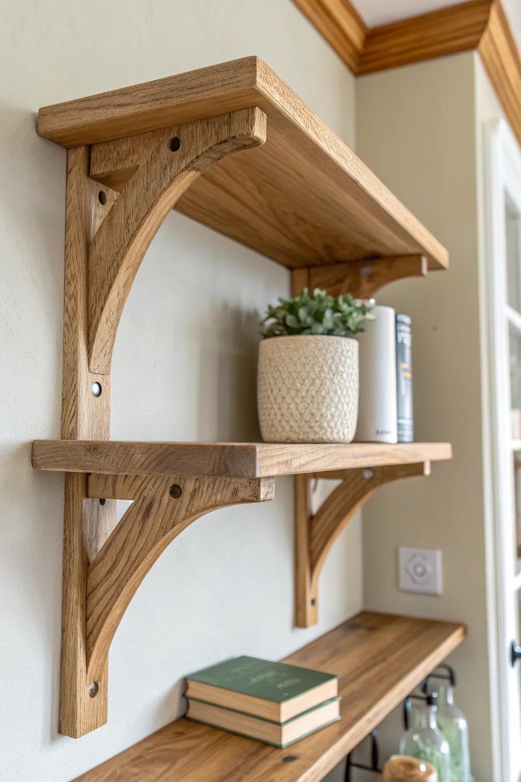 Double-stacked corner brackets add discreet strength for deep shelves—no sag, just style.
