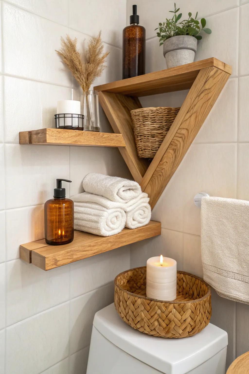 Sealed oak corner shelves that add airy bathroom storage—minimal, warm, and waterproof.