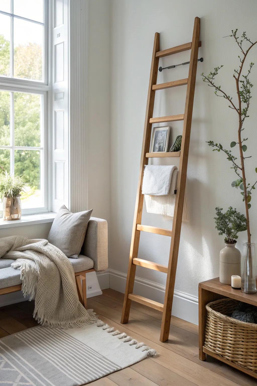 A cozy corner perch with a leaning ladder shelf—beautiful storage without bulky furniture.