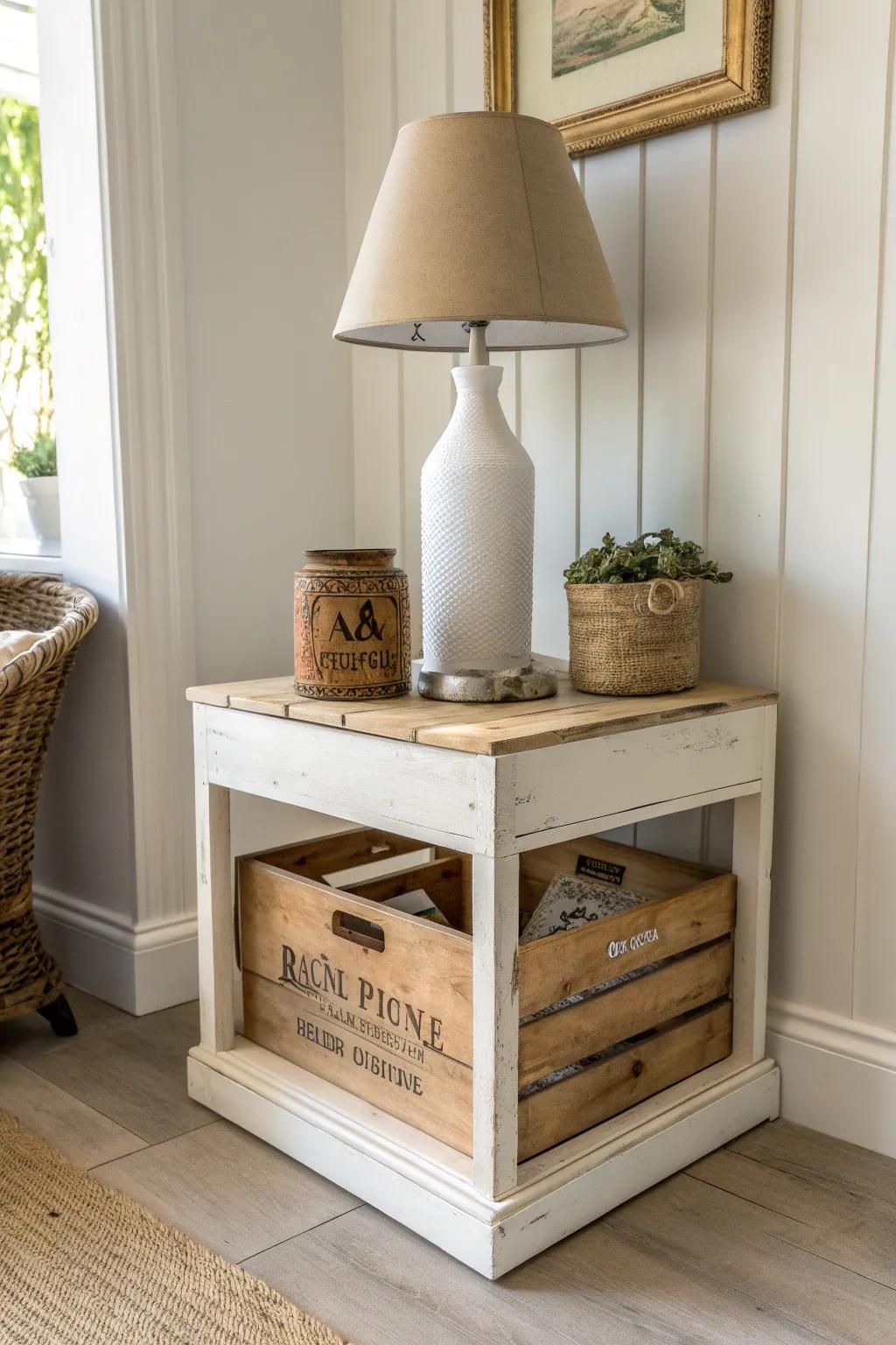 Tuck a vintage wood crate under your corner table for rustic storage with effortless charm.
