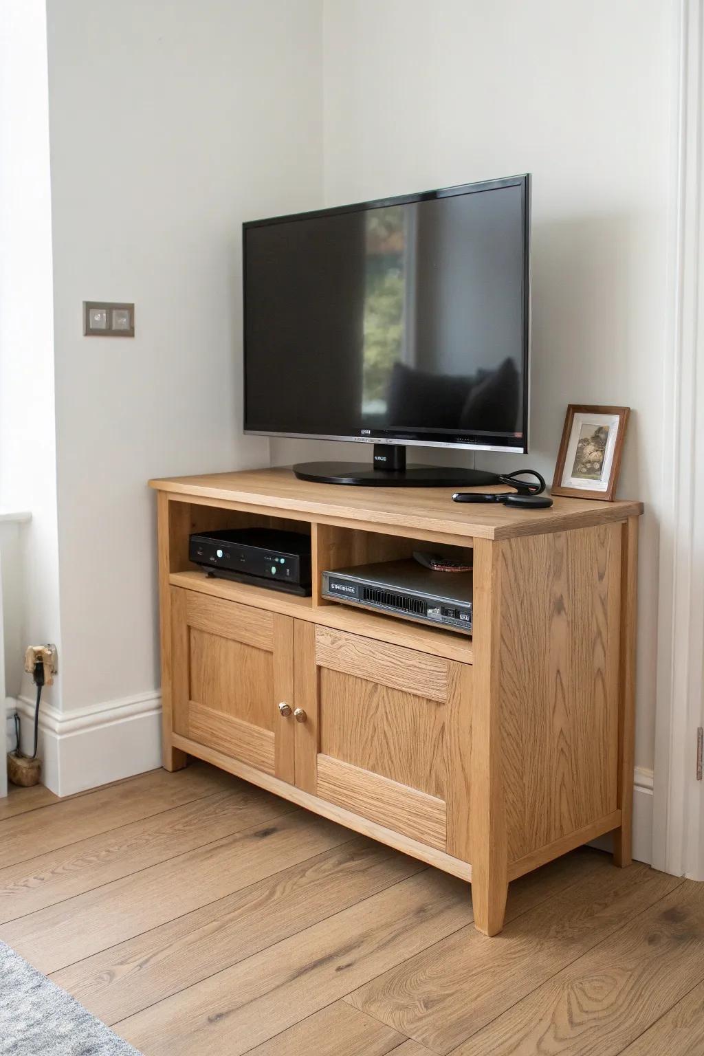 Flip-top corner TV shelf: lift the lid to hide controllers and cords—simple, warm, and smart.