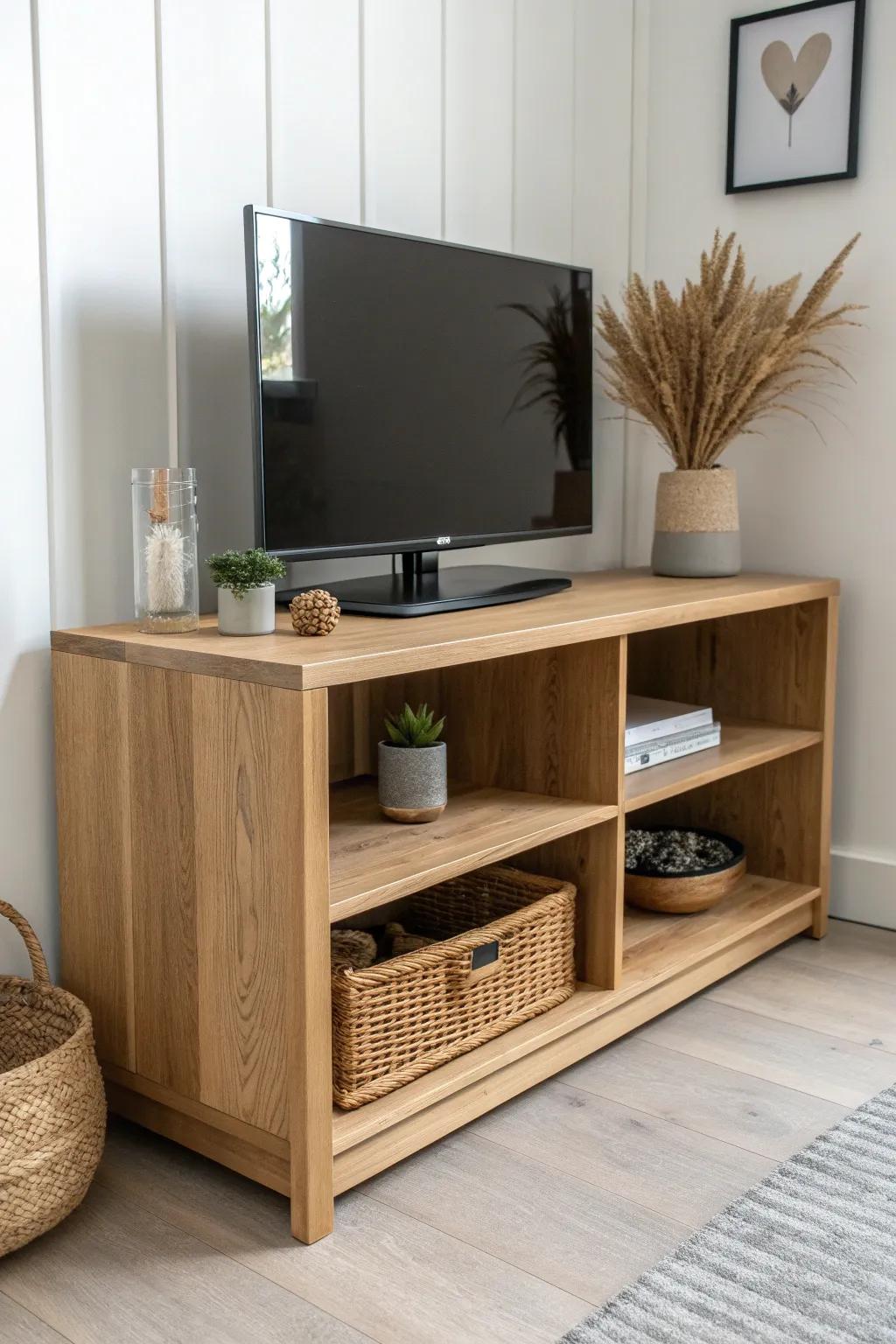 A corner TV stand with slim side book shelves—turn one corner into a calm, stylish media zone.