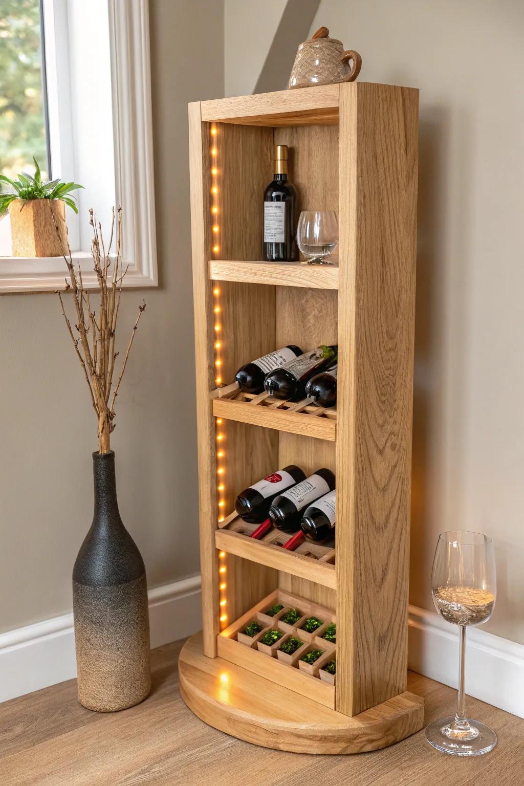 Warm LED shelf glow turns a corner wine rack into a cozy, gallery-style focal point.
