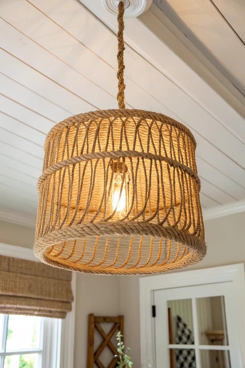 Cozy drum-style jute rope chandelier with a golden glow—minimal, cottage warm, and handcrafted.