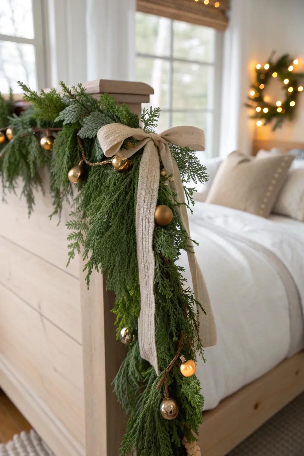Quiet cottage charm: a soft garland swag with tiny bells over a pale wood headboard.