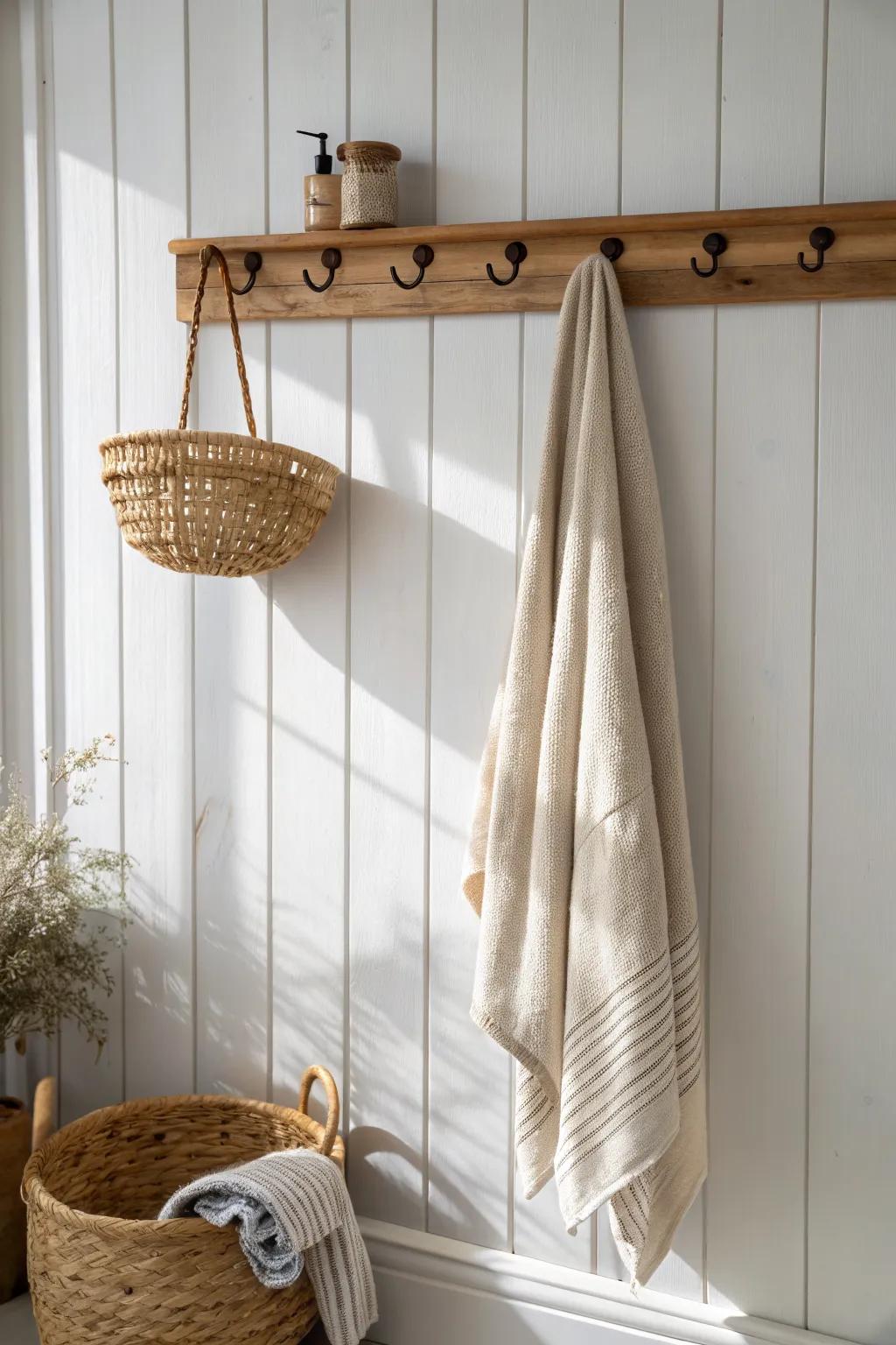 A simple oak peg rail makes towels and baskets feel intentional—pure cottagecore calm.