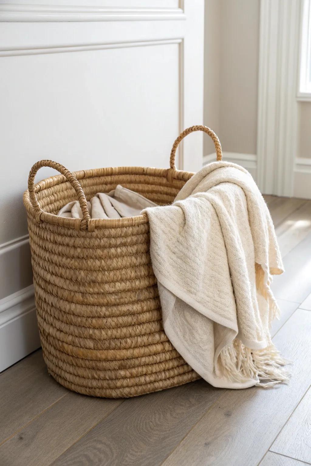 Soft storage, cottage calm—one beautiful wicker basket to hide the everyday mess.