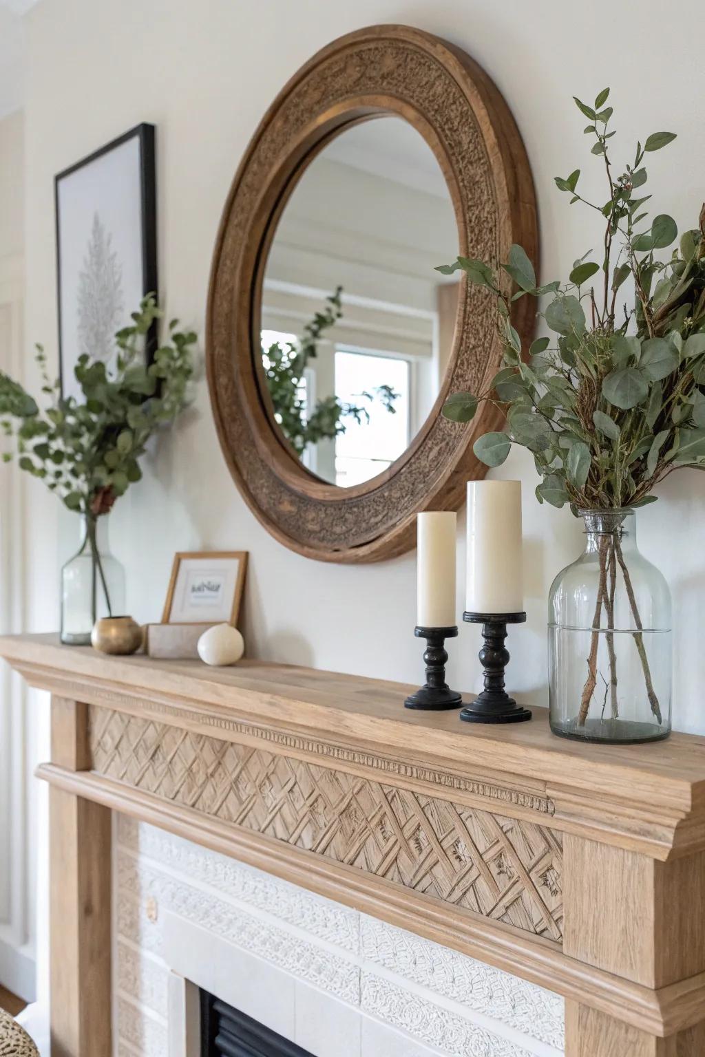 Turn your cottage mantel into the focal point with warm wood, botanicals, and candles.