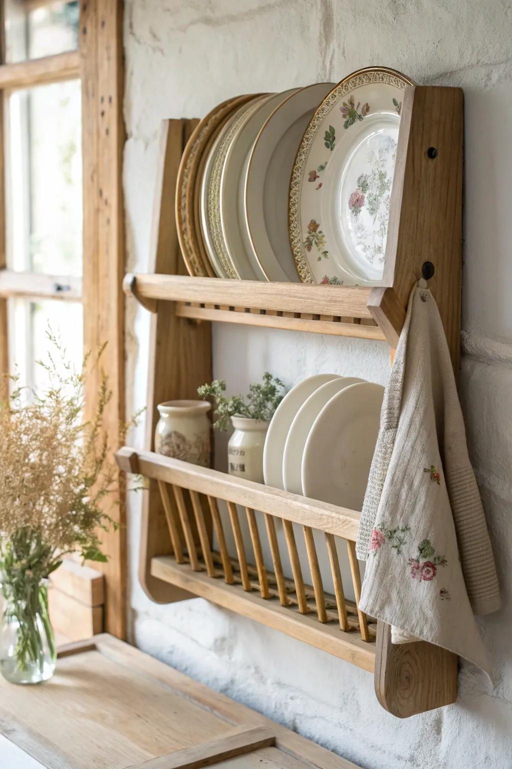 A simple oak plate rack turns everyday dishes into cottagecore wall art—warm, practical, timeless.
