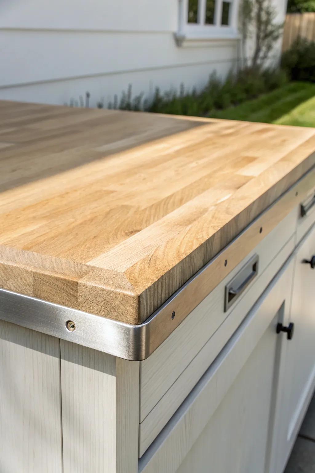 Retro brushed metal banding turns a pale wood countertop edge into a chic vintage accent.