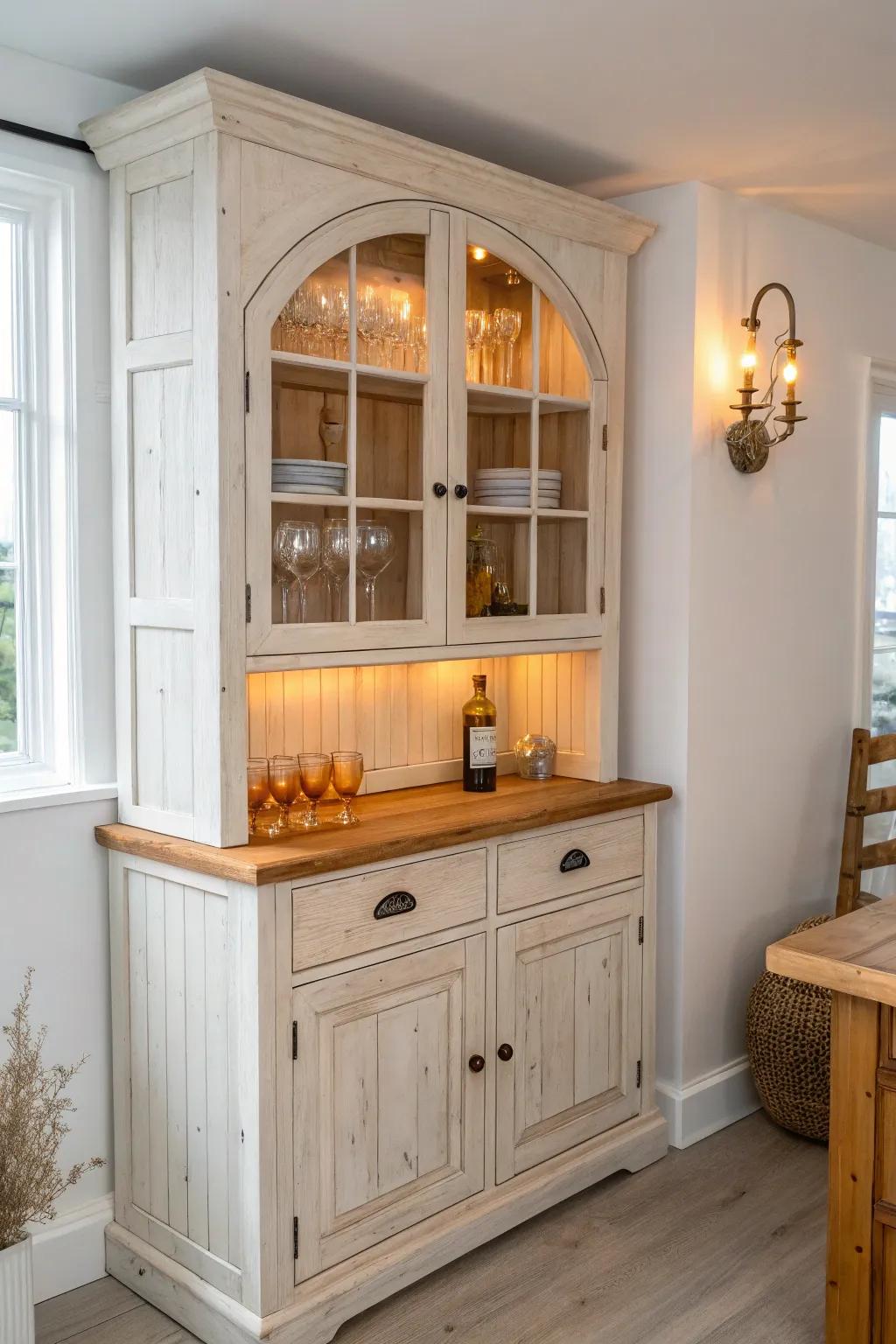 From grandma’s hutch to cozy country bar—puck lights and a wood insert make it shine.