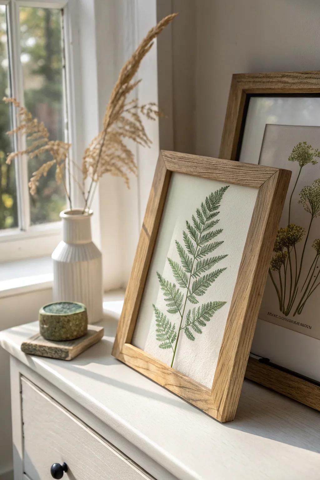 Simple oak frame + fern print: an easy country touch that feels collected, calm, and natural.