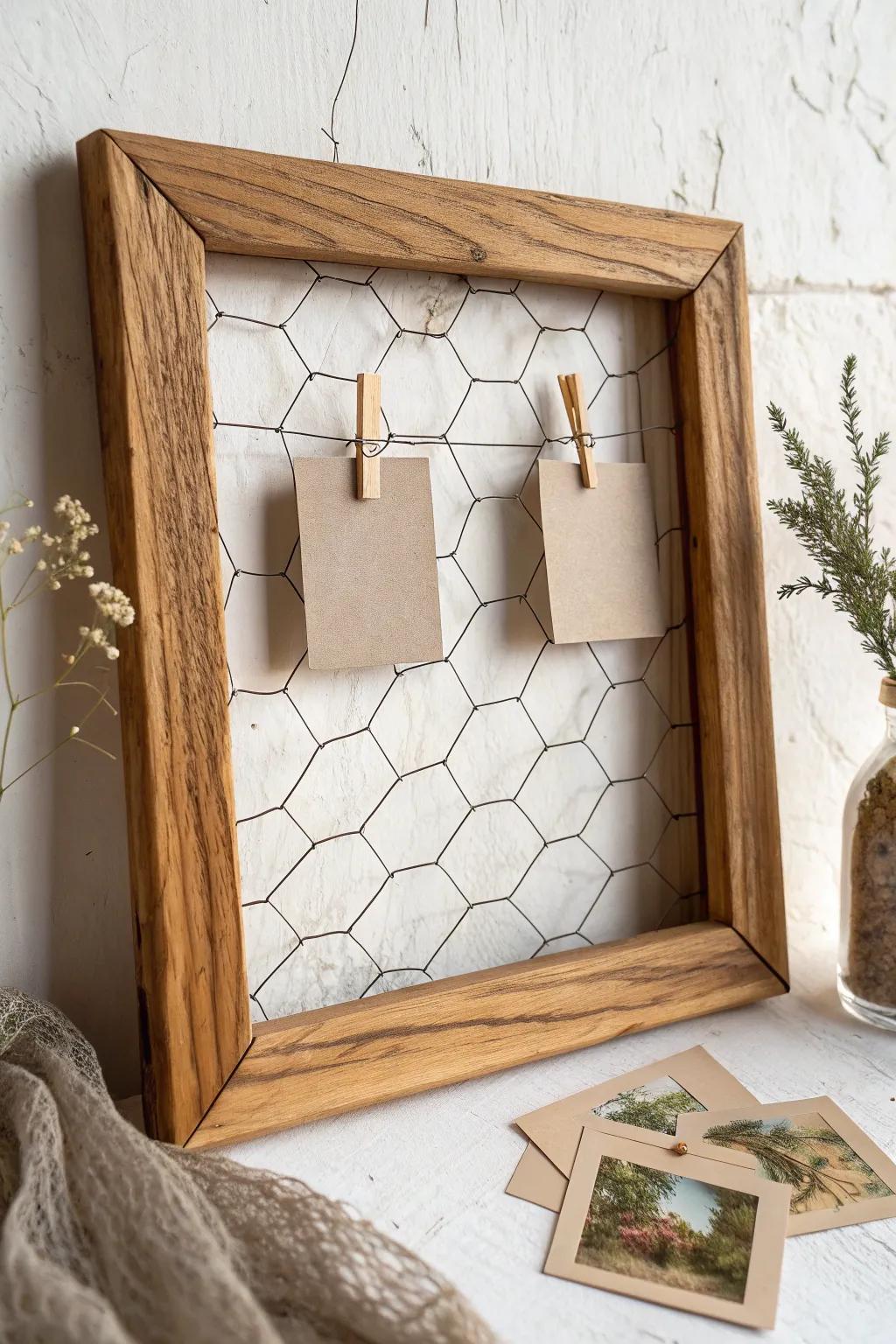 Chunky wood + chicken wire turns your wall into a cozy farmhouse command center.